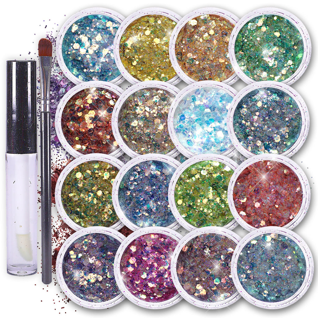 Fairy Tears Chunky Holographic Body Glitter I 16 Colors + Glitter Glue for Face Glitter Makeup, Hair, Eye & Fine Glitter Eyeshadow - Perfect for Halloween, Resin, Tumblers, Craft, Cosmetic & Nail Art