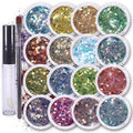 Fairy Tears Chunky Holographic Body Glitter I 16 Colors + Glitter Glue for Face Glitter Makeup, Hair, Eye & Fine Glitter Eyeshadow - Perfect for Halloween, Resin, Tumblers, Craft, Cosmetic & Nail Art