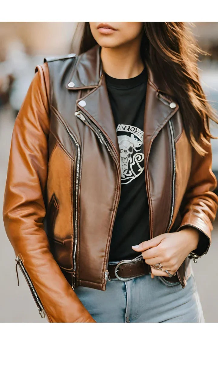 Brown &amp; Dark Brown Biker Racer Leather Jacket for Women