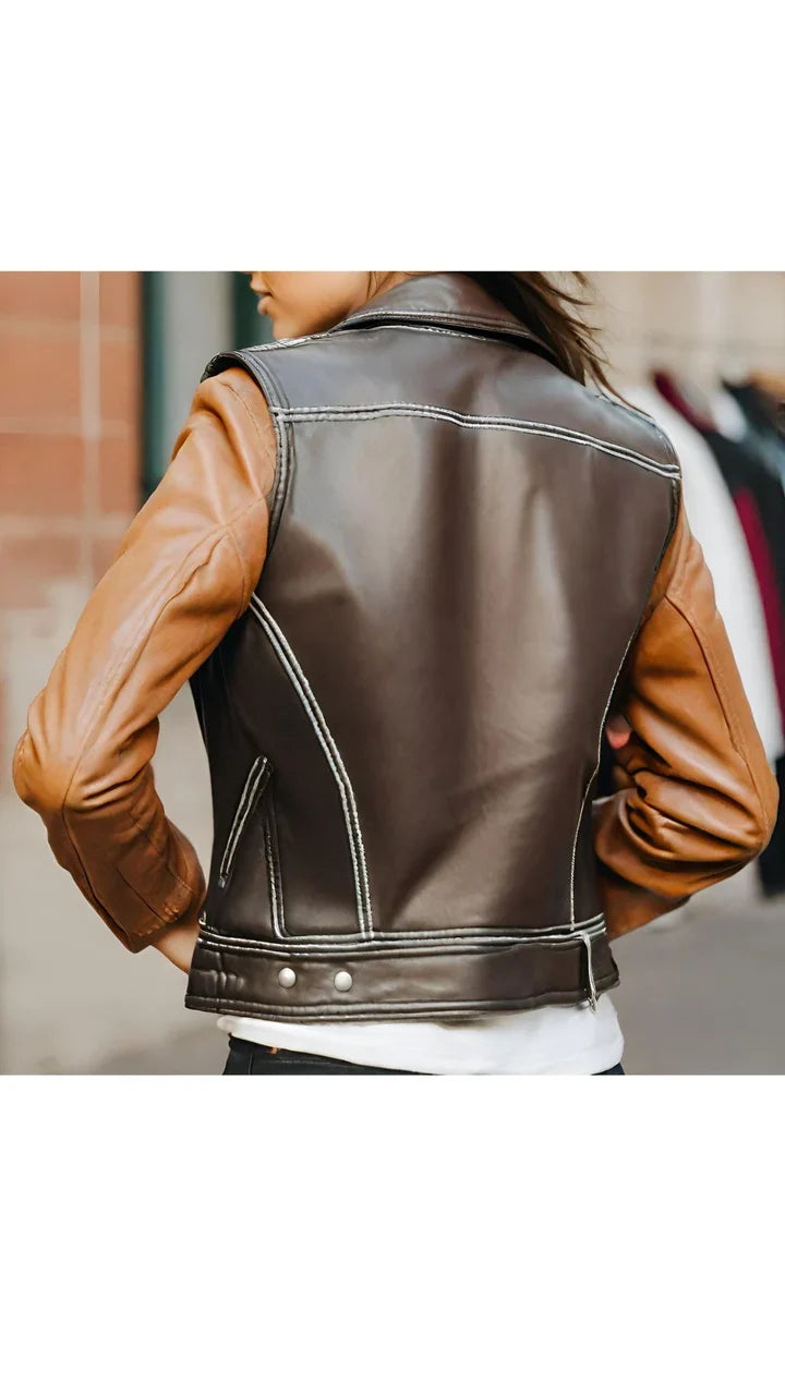 Brown &amp; Dark Brown Biker Racer Leather Jacket for Women